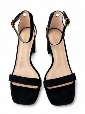 Stuart Weitzman Nudistcurve Black Suede Block Heel Ankle Strap Sandals Size 8